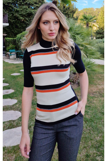 High Neck Jersey Top with Stripes in Ivory и Orange [1]