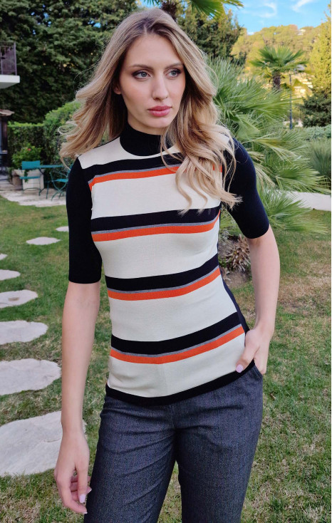 High Neck Jersey Top with Stripes in Ivory и Orange