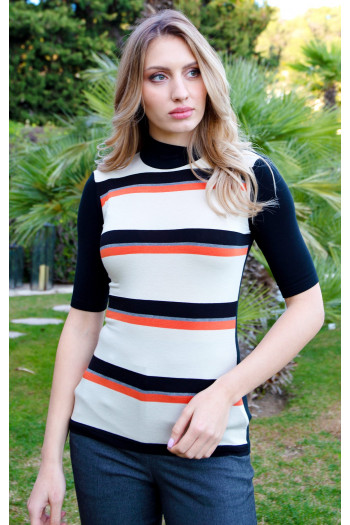 High Neck Jersey Top with Stripes in Ivory и Orange