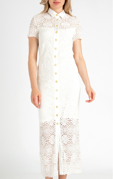 Elegant long dress in Ivory floral lace with short sleeves