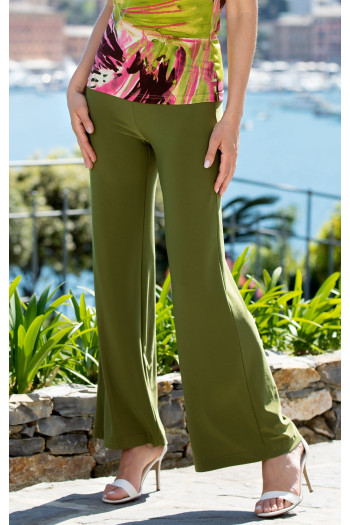 Viscose Wide Leg Trousers in Green Olive