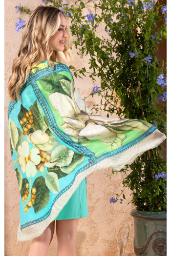 White flowers in turquoise, yellow & green