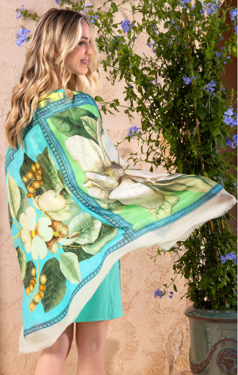 White flowers in turquoise, yellow & green