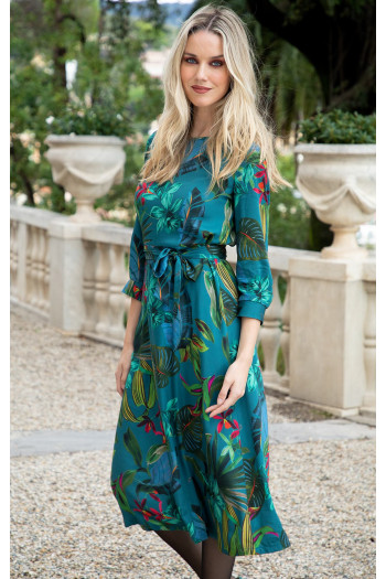 Elegant midi dress in soft viscose in Azure Blue with floral print [1]