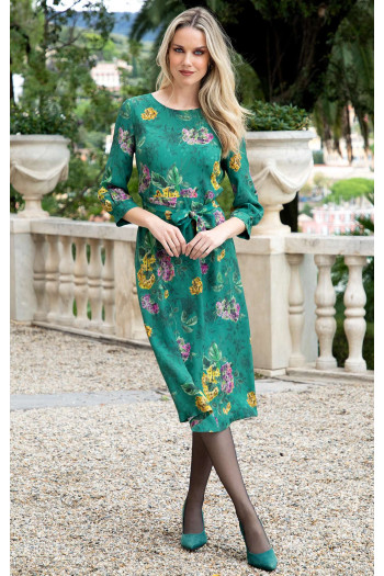 Elegant midi dress made of luxury viscose in Antique Green with floral print