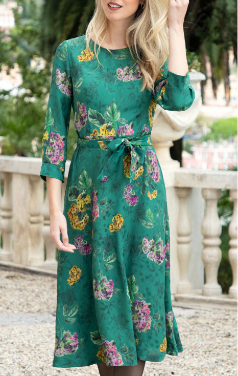 Elegant midi dress made of luxury viscose in Antique Green with floral print