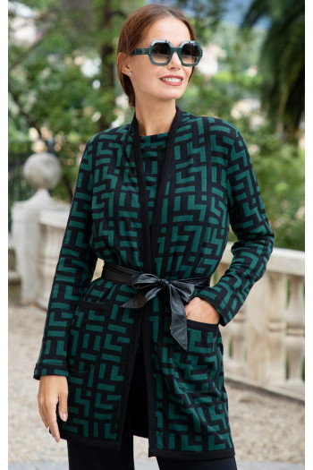 Long Sleeves Cardigan in Green & Black