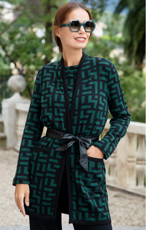 Long Sleeves Cardigan in Green & Black