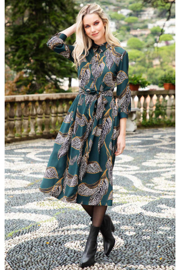 Elegant midi dress in Dark Green and Floral Print