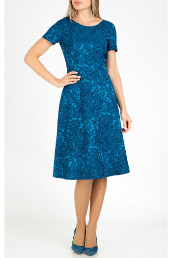 Flared formal dress in satin jacquard in Blue Sapphire with beautiful floral motifs [1]