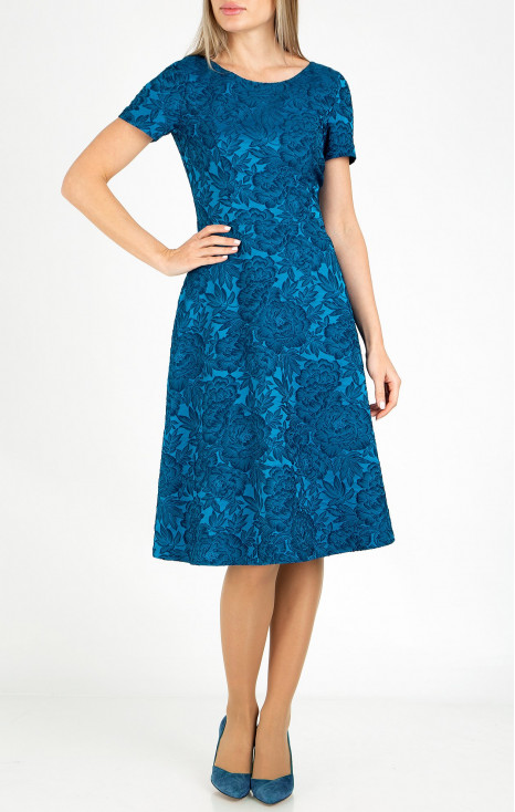 Flared formal dress in satin jacquard in Blue Sapphire with beautiful floral motifs [1]