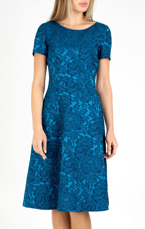 Flared formal dress in satin jacquard in Blue Sapphire with beautiful floral motifs