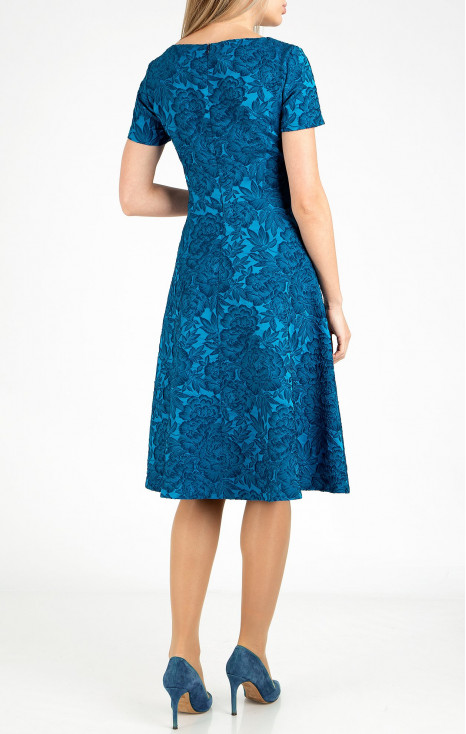 Flared formal dress in satin jacquard in Blue Sapphire with beautiful floral motifs