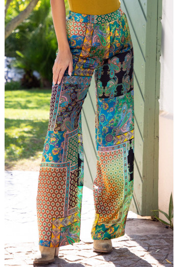 Satin Viscose Trousers – Teal Paisley Mosaic