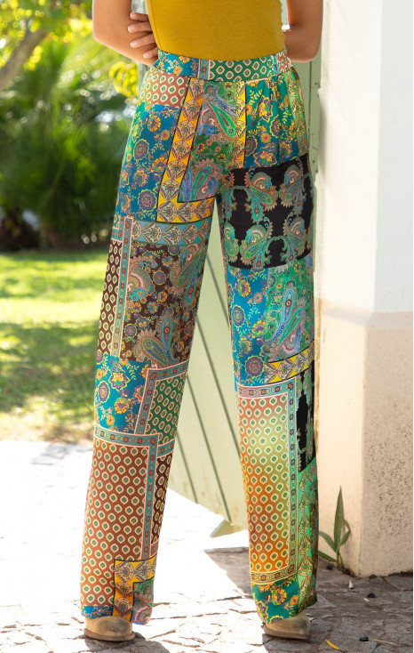 Satin Viscose Trousers &ndash; Teal Paisley Mosaic
