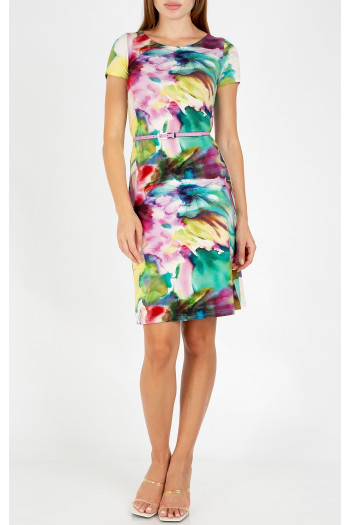 Short summer dress with a watercolor floral print in blended colors