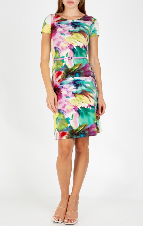 Short summer dress with a watercolor floral print in blended colors