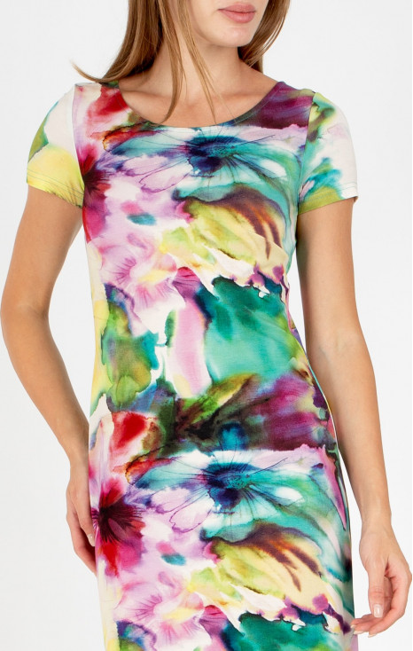 Short summer dress with a watercolor floral print in blended colors