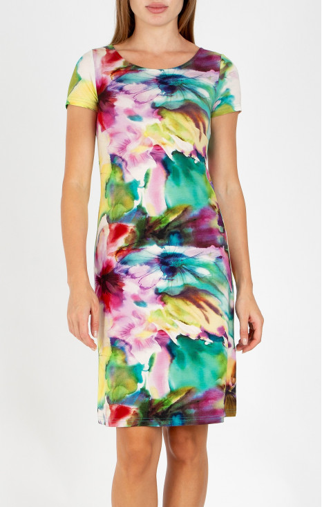 Short summer dress with a watercolor floral print in blended colors
