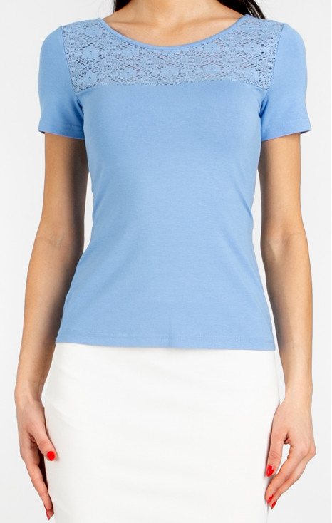 Stylish fitted blouse with a lace panel in Sky Blue