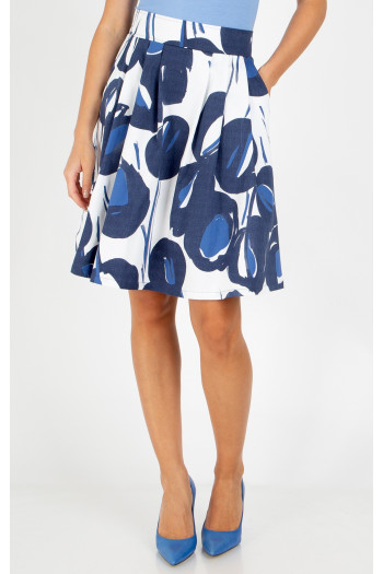 Flared cotton skirt with an abstract print in blue and white
