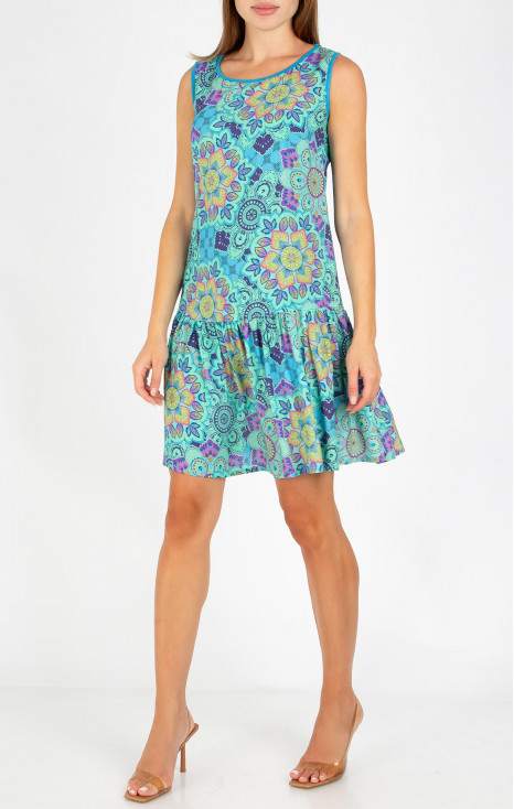 Summer viscose dress with a multicolored graphic print in Aqua Green