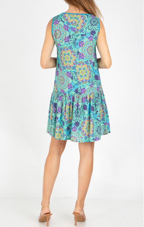 Summer viscose dress with a multicolored graphic print in Aqua Green