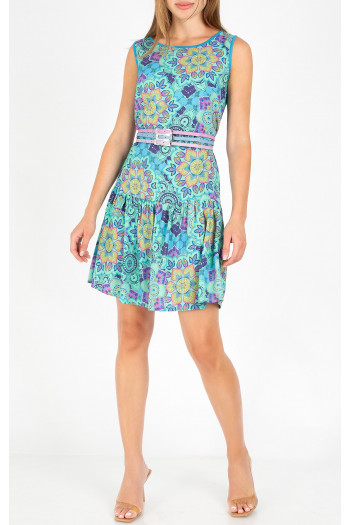 Summer viscose dress with a multicolored graphic print in Aqua Green