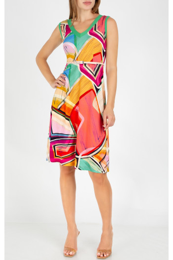 Casual summer dress with a geometric print in Fuchsia Red, Opal, and Warm Apricot