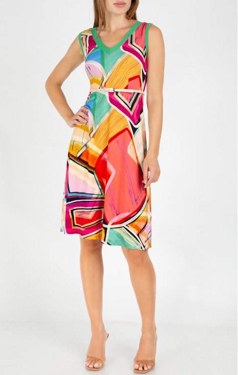 Casual summer dress with a geometric print in Fuchsia Red, Opal, and Warm Apricot