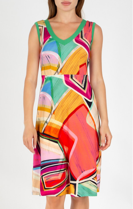 Casual summer dress with a geometric print in Fuchsia Red, Opal, and Warm Apricot