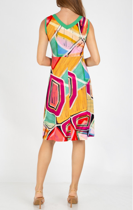 Casual summer dress with a geometric print in Fuchsia Red, Opal, and Warm Apricot [1]