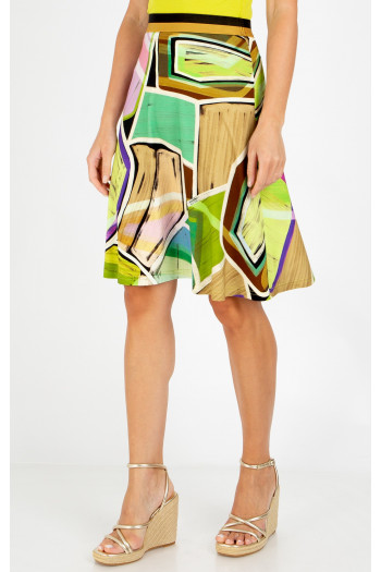Short flared skirt with a geometric print in Paradise Green