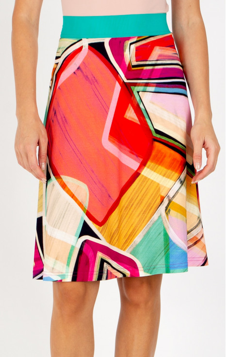 Short flared skirt with a geometric print in Fuchsia Red, Opal, and Warm Apricot