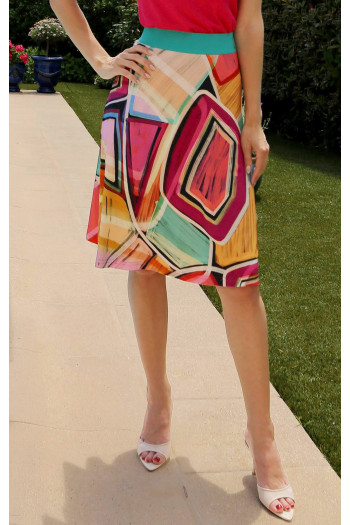 Short flared skirt with a geometric print in Fuchsia Red, Opal, and Warm Apricot