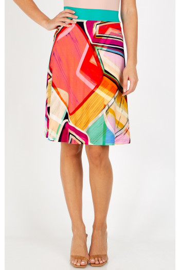 Short flared skirt with a geometric print in Fuchsia Red, Opal, and Warm Apricot