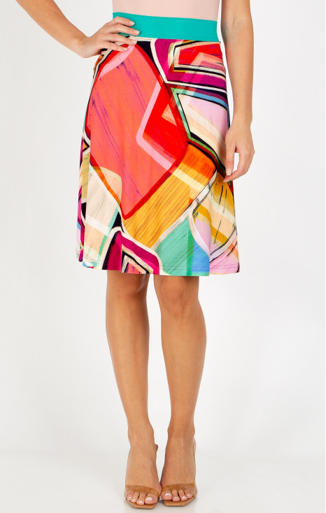 Short flared skirt with a geometric print in Fuchsia Red, Opal, and Warm Apricot