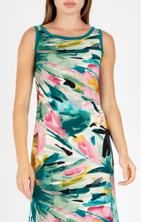 Short dress with a watercolor print in Dark Turquoise and Fuchsia Pink