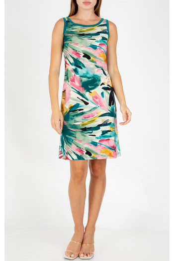 Short dress with a watercolor print in Dark Turquoise and Fuchsia Pink