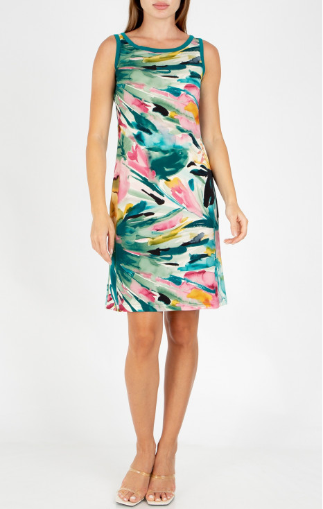 Short dress with a watercolor print in Dark Turquoise and Fuchsia Pink