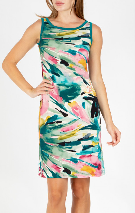 Short dress with a watercolor print in Dark Turquoise and Fuchsia Pink