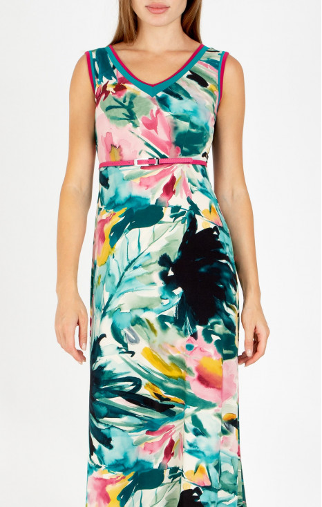 Long dress with a watercolor print in Dark Turquoise and Fuchsia Pink