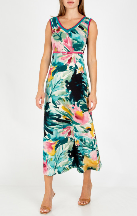 Long dress with a watercolor print in Dark Turquoise and Fuchsia Pink