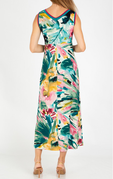 Long dress with a watercolor print in Dark Turquoise and Fuchsia Pink