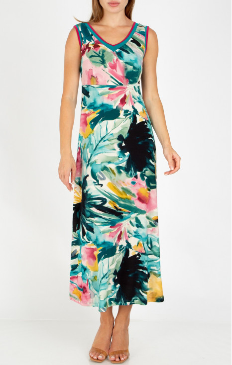 Long dress with a watercolor print in Dark Turquoise and Fuchsia Pink