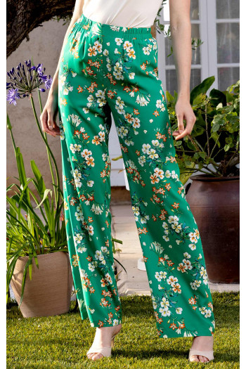 Elegant Wide Leg Trousers in Green with Floral print