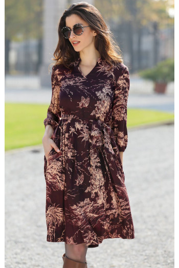 Elegant dress in soft viscose in Dark Cherry with print