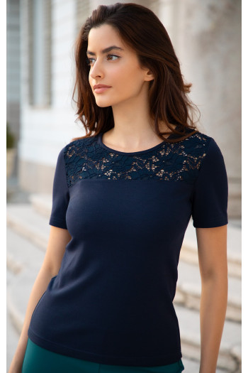 Stylish blouse with a lace panel in Navy Blue