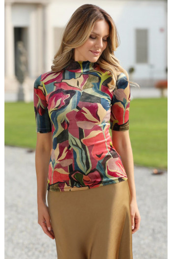 Velvet Turtleneck Top with Warm Floral Print