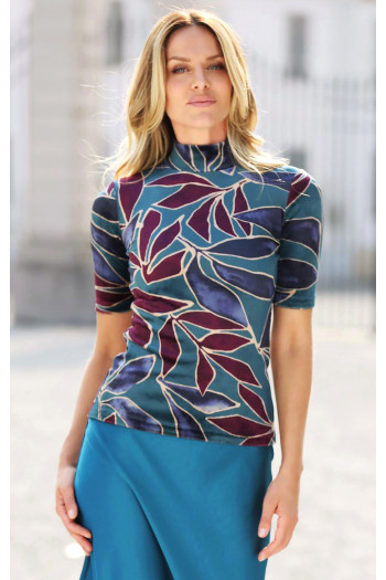 Velvet Turtleneck Top with Floral Print